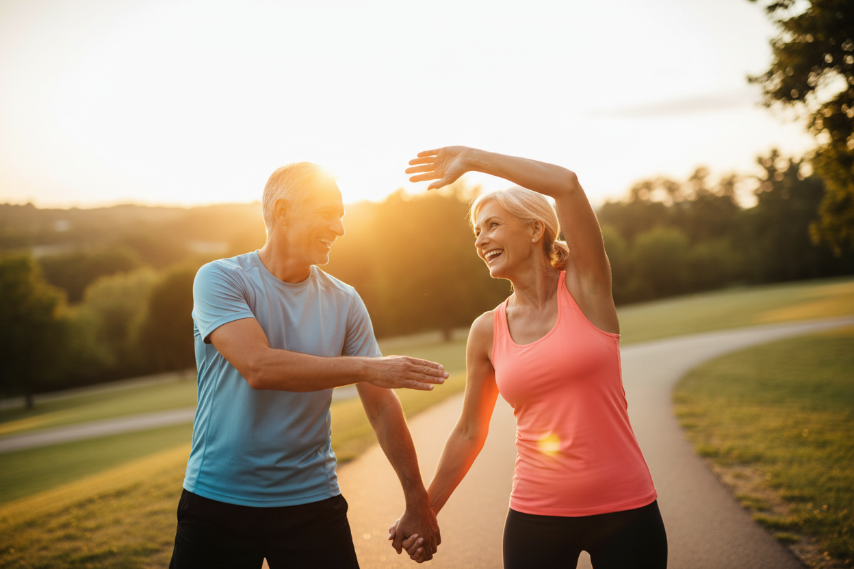Active 60-year-old couple exercising